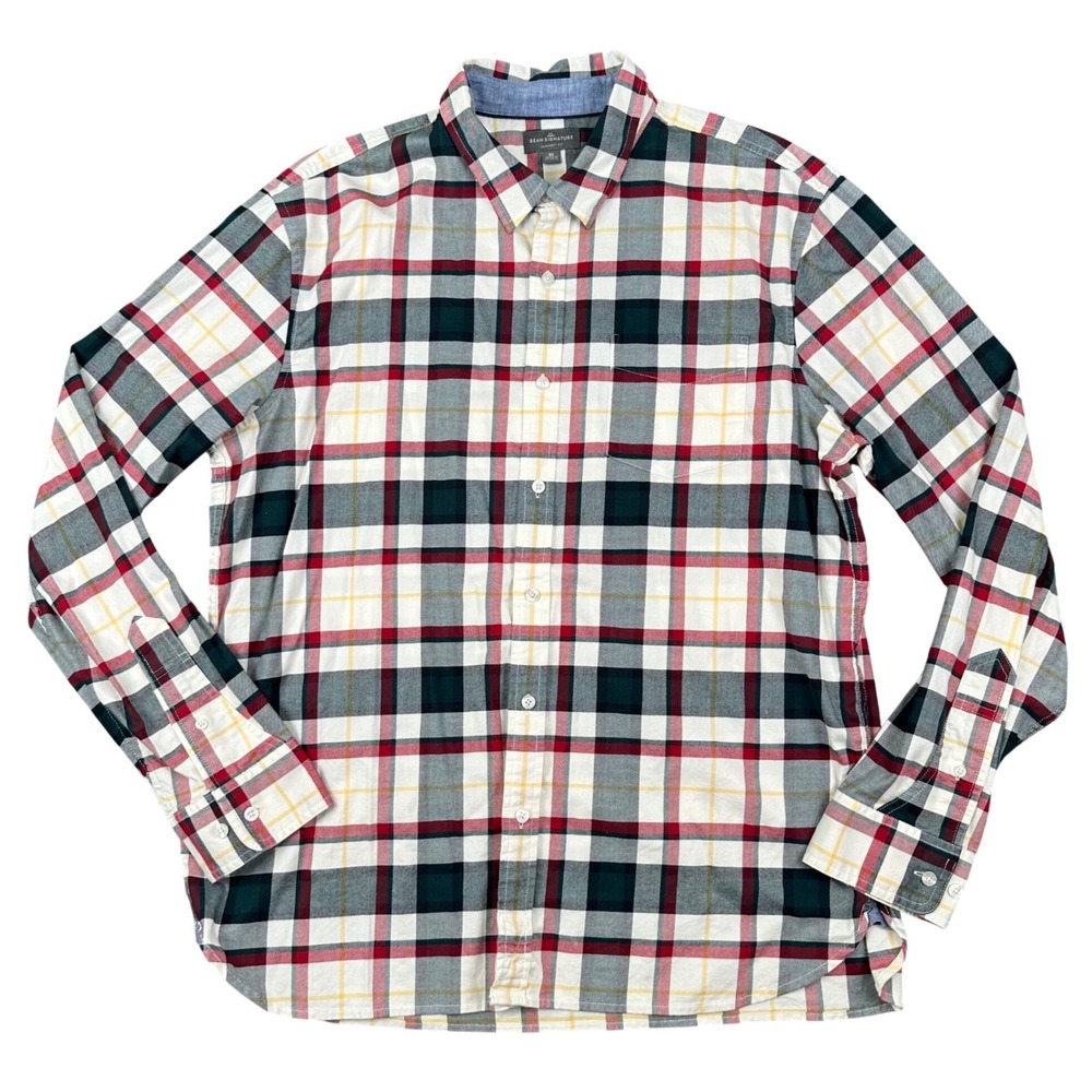 LL Bean Signature Button Down Shirt Mens XL Slimmest Fit Plaid Red Green‎ White